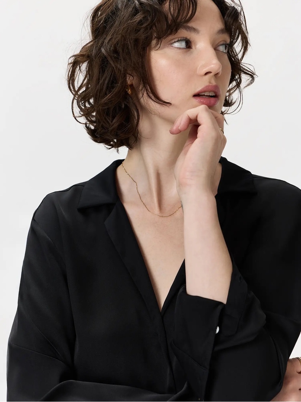 Quince Black Satin V-Neck Blouse - Picture 2 of 4